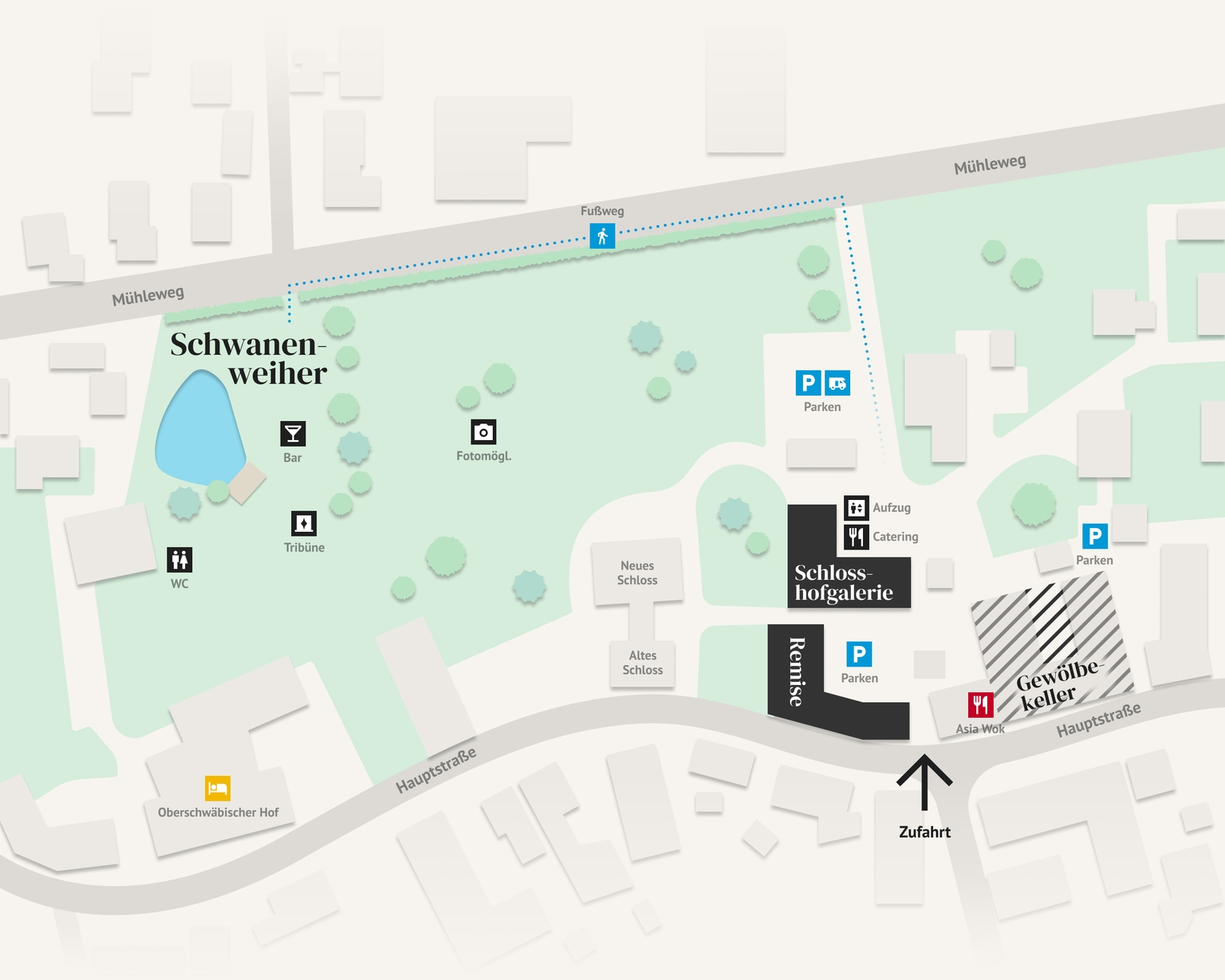 Die Illustration zeigt eine detaillierte Geländeskizze des Schlosses Schwendi. Deutlich erkennbar sind die verschiedenen Gebäude, Wege, Straßen und weitläufigen Grünflächen, die das Schloss umgeben. Besonders hervorgehoben sind die Schlosshofgalerie und die Remise, die sich direkt an der Einfahrt befinden. Zudem ist der idyllische Schwanenweiher im eigenen Park markant dargestellt, was die harmonische und historische Atmosphäre der Anlage unterstreicht.